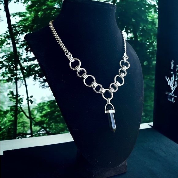 Handmade maille stainless steel cuban chain necklace + black obsidian bullet - Picture 7 of 13